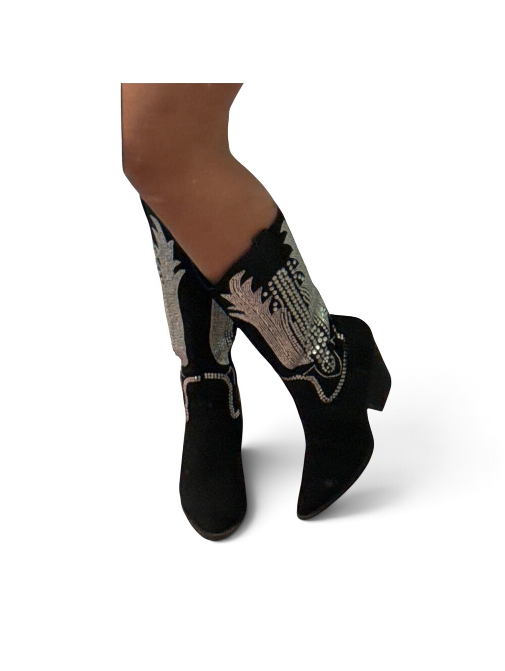 Black Suede Western Boots Rhinestone Cactus Beaded Knee High Cowboy